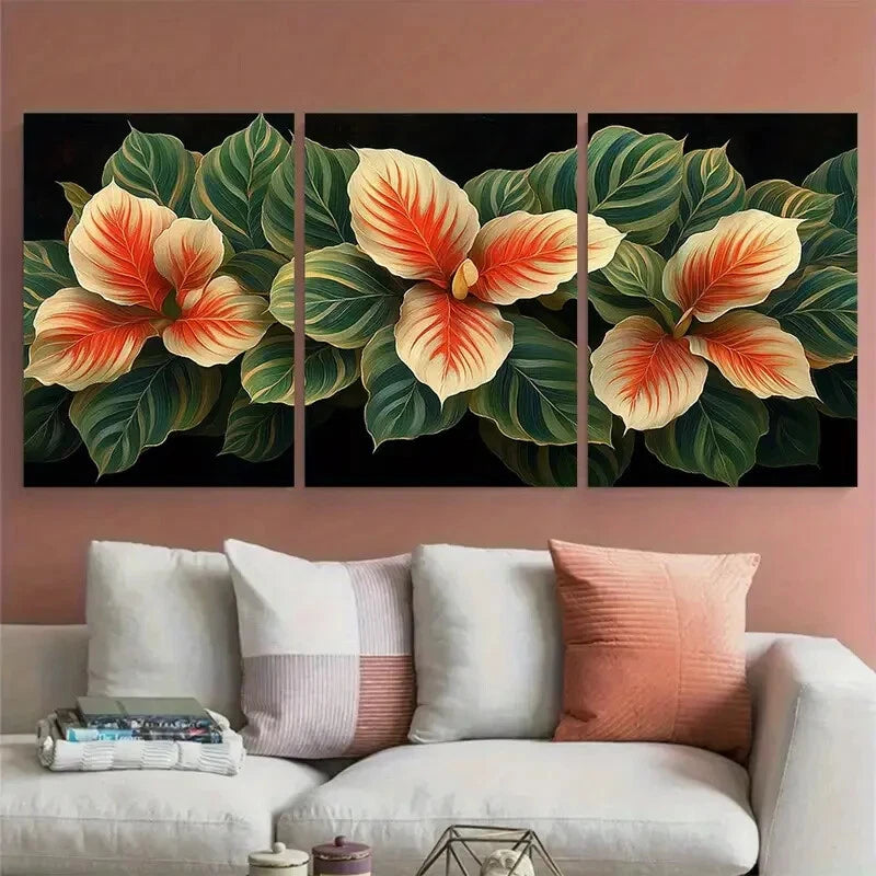 3pcs Tropical Calathea Natural Pin Stripe Foliage Metal Print Ready to Hang Art