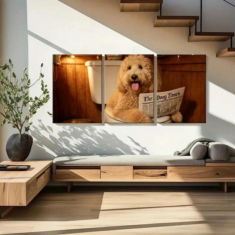 3pcs Rustic Dog Reading Newspaper Scene Metal Print Ready to Hang Art