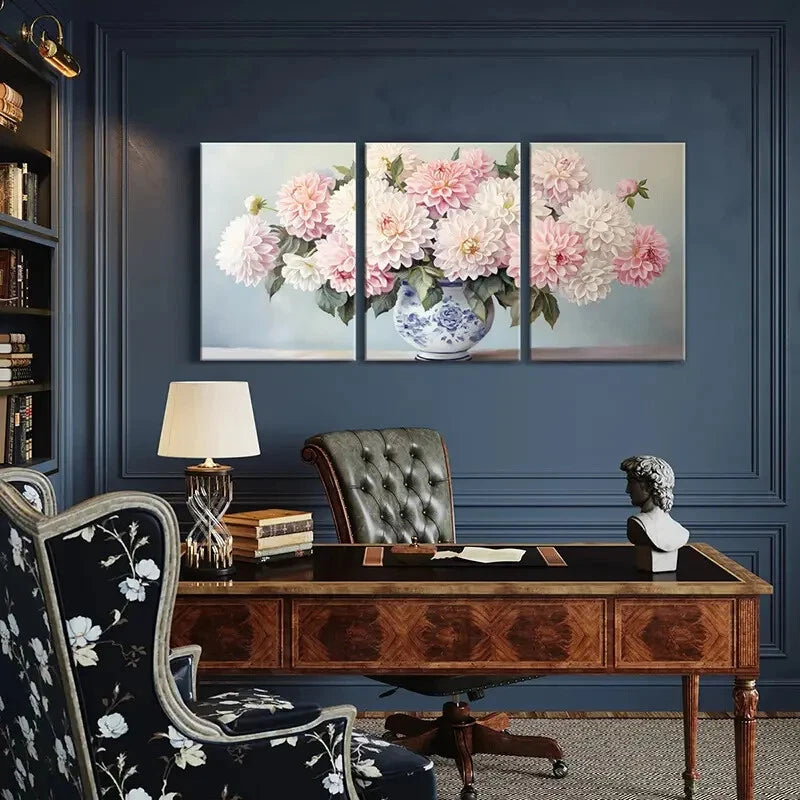 3pcs Floral Arrangement Blue And White Vase Metal Print Ready to Hang Art