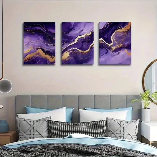 3pcs Elegant Purple & Golden Marble Metal Print Ready to Hang Art