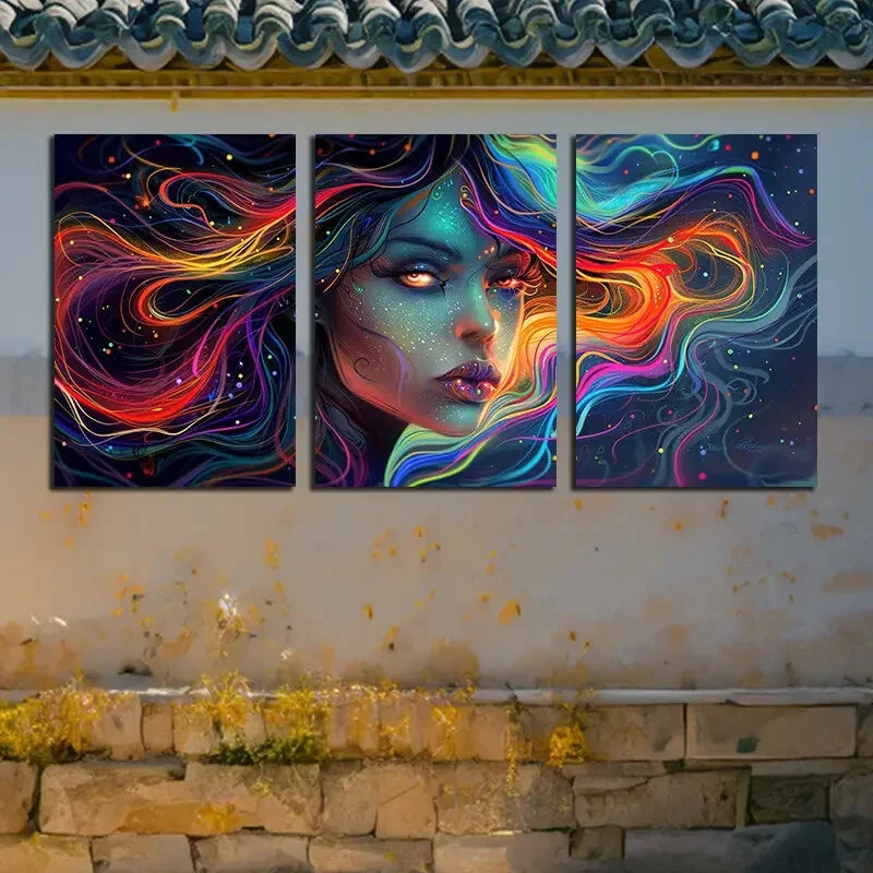 3pcs Vibrant Hair Hidden Face Metal Print Ready to Hang Art