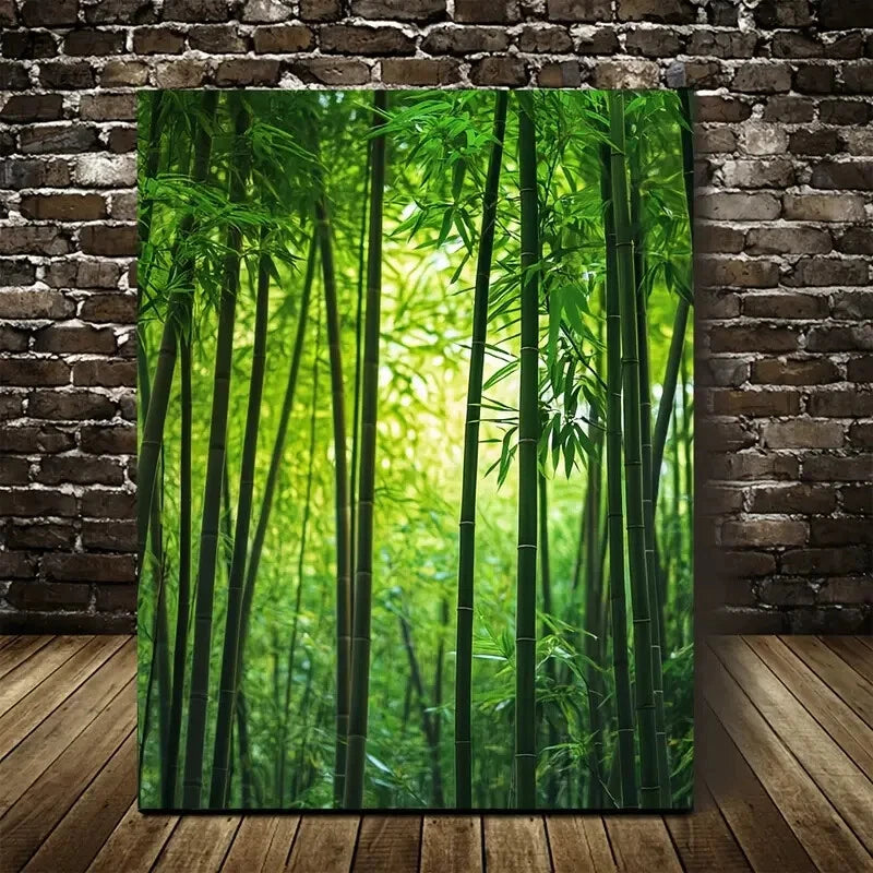 Serene Natural Scene with Sunlit Bamboo Stalk Painting 40x60cm Metal Print Ready to Hang