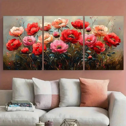 3pcs Vibrant Red and Pink Peonies Flowers Design Metal Print Ready to Hang Art
