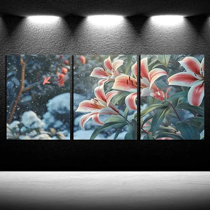 3pcs Charming Lily Flowers in Snow Design Metal Print Ready to Hang Art