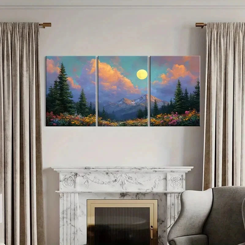 3pcs Moonlit Mountain Landscape Pine Trees Metal Print Ready to Hang Art