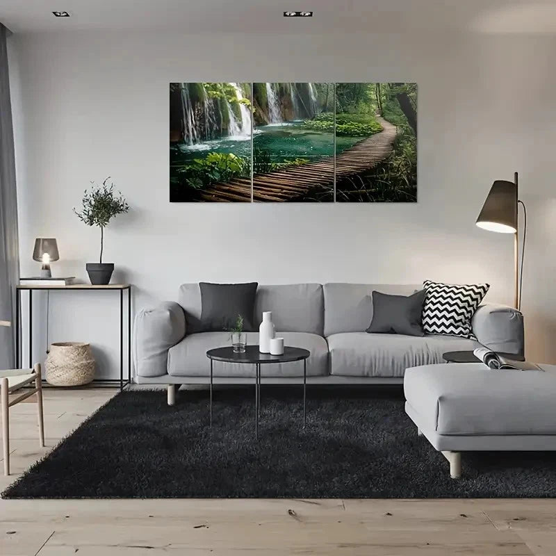 3pcs Nature'S Tranquility: Wooden Pathway Metal Print Ready to Hang Art