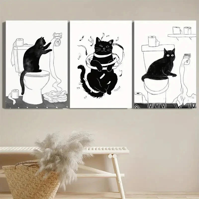 3pcs Black Cats Toilet Prints Fun Bathroom Metal Print Ready to Hang Art