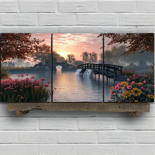 3pcs Waterfalls And Wooden Bridges Metal Print Ready to Hang Art