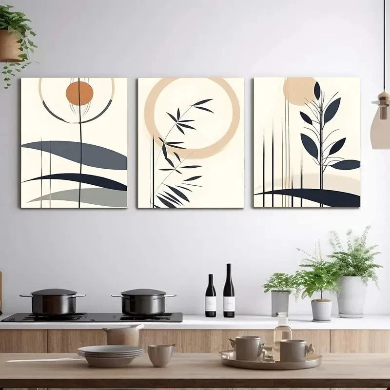 3pcs Lines, Mountains, Sun Minimalist  Metal Print Ready to Hang Art