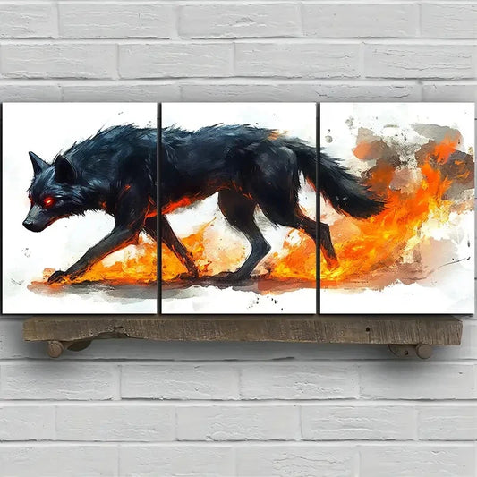 3pcs The Wolf In The Flames Fire Metal Print Ready to Hang Art