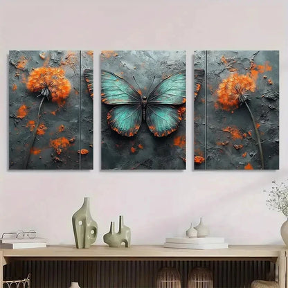 3pcs Teal Dandelion Butterfly Modern Abstract Metal Print Ready to Hang Art