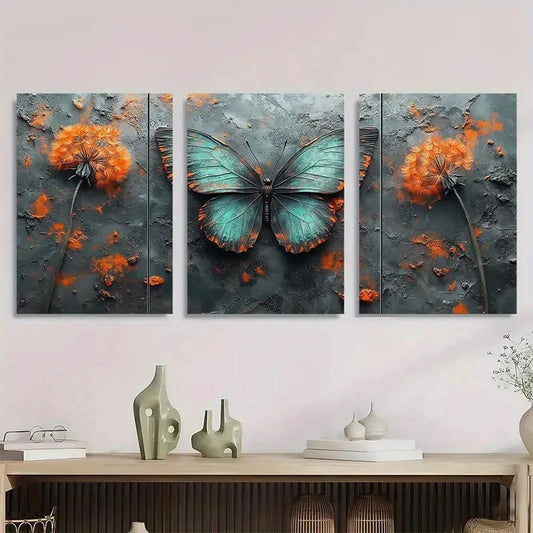 3pcs Teal Dandelion Butterfly Modern Abstract Metal Print Ready to Hang Art