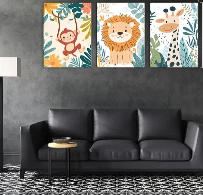 3pcs Cartoon Style Monkeys Lions and Giraffes Metal Print Ready to Hang Art