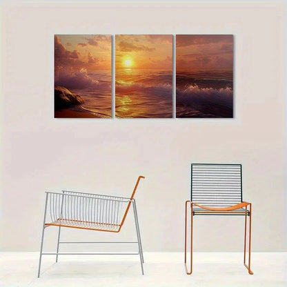 3pcs Sunset Ocean Waves Scenery Metal Print Ready to Hang Art