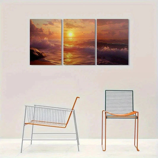 3pcs Sunset Ocean Waves Scenery Metal Print Ready to Hang Art