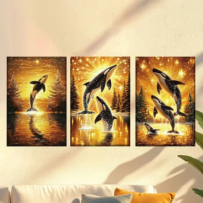 3pcs Whale Family in Golden Sunset Scene Wall Art Canvas Unframed - High Quality Print 100% Australian Made Wall Canvas