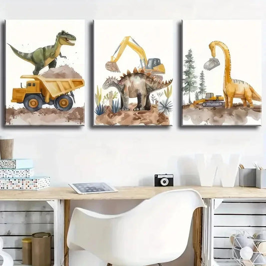 3pcs Featuring Dinosaur Buildings And Excavators Metal Print Ready to Hang Art