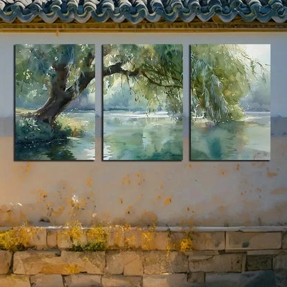 3pcs Vibrant Nature Inspired Willow tree with Lake Metal Print Ready to Hang Art