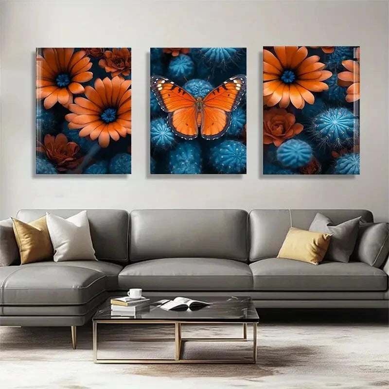 3pcs Stunning Orange & Blue Flower Designs Metal Print Ready to Hang Art