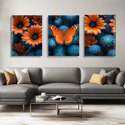 3pcs Stunning Orange & Blue Flower Designs Metal Print Ready to Hang Art