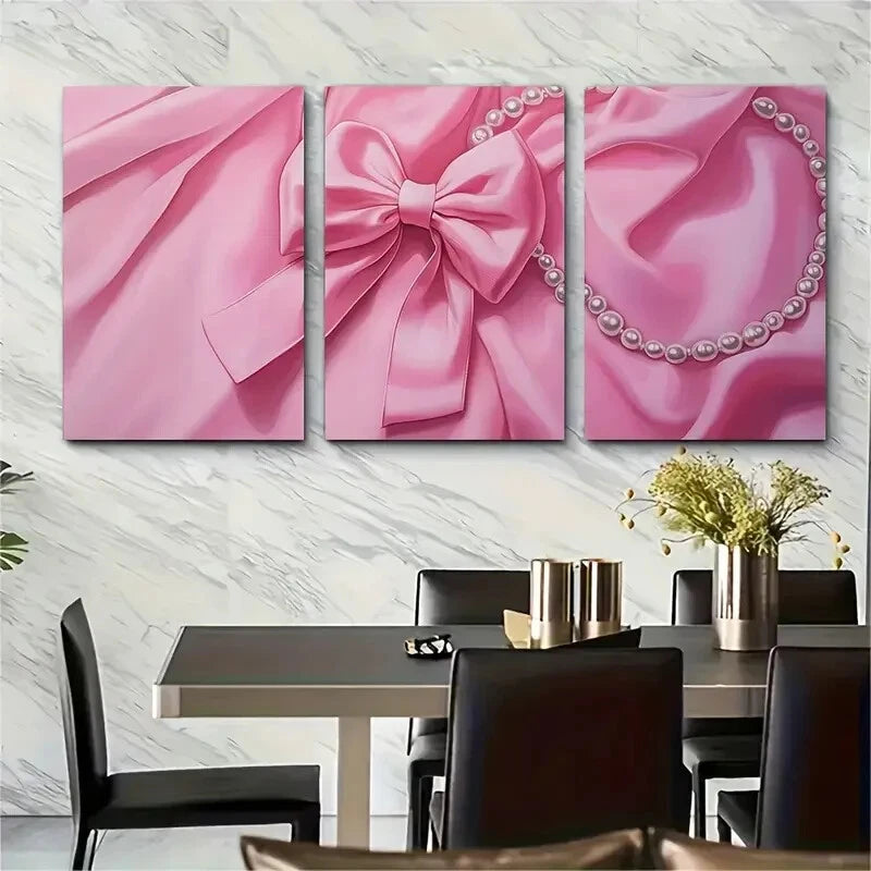3pcs Pink Bow and Pearl Illustration Coquette Metal Print Ready to Hang Art
