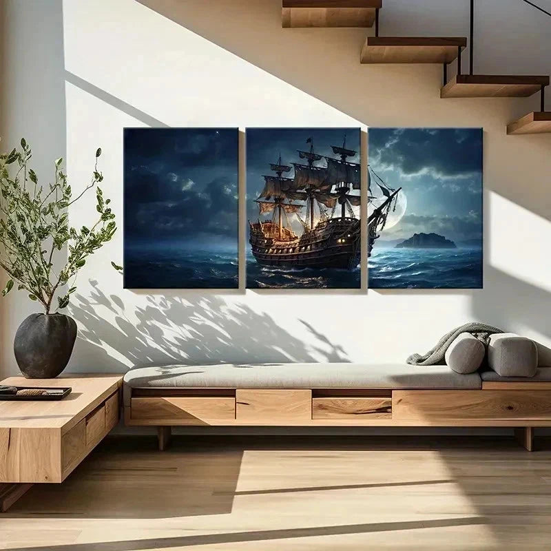 3pcs Pirate Ship On The Sea At Night Wall Art Set Canvas Framed 40x60cm - High Quality Print 100% Australian Made Wall Canvas Ready to Hang