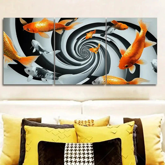 3pcs Goldfish Swirl Painting Luxury Metal Print Ready to Hang Art