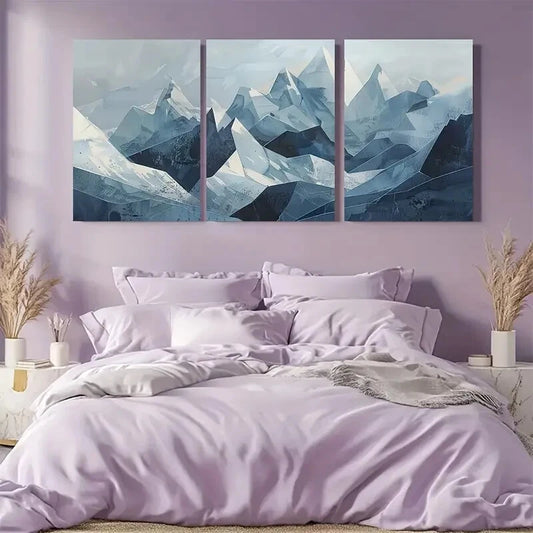 3pcs Blue Abstract Mountain Minimalist Landscape Metal Print Ready to Hang Art