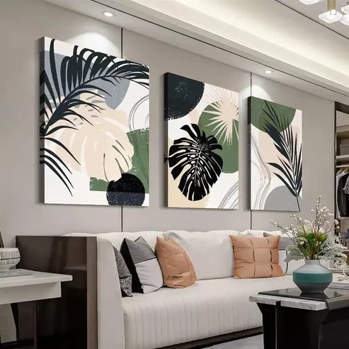 3pcs Bohemian Abstract Monstera Leaf Canvas Framed 60x90cm - High Quality Print 100% Australian Made Wall Canvas Ready to Hang