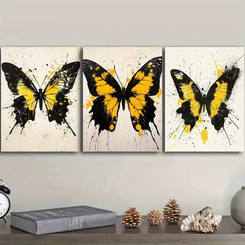 3pcs Black and Yellow Butterflies Colorful Wall Art Set Canvas Unframed - High Quality Print 100% Australian Made Wall Canvas