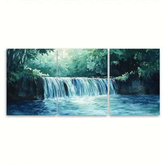 3pcs Forest Waterfall Cascade Watercolor Wall Art Set Canvas Framed 60x90cm - High Quality Print 100% Australian Made Wall Canvas Ready to Hang