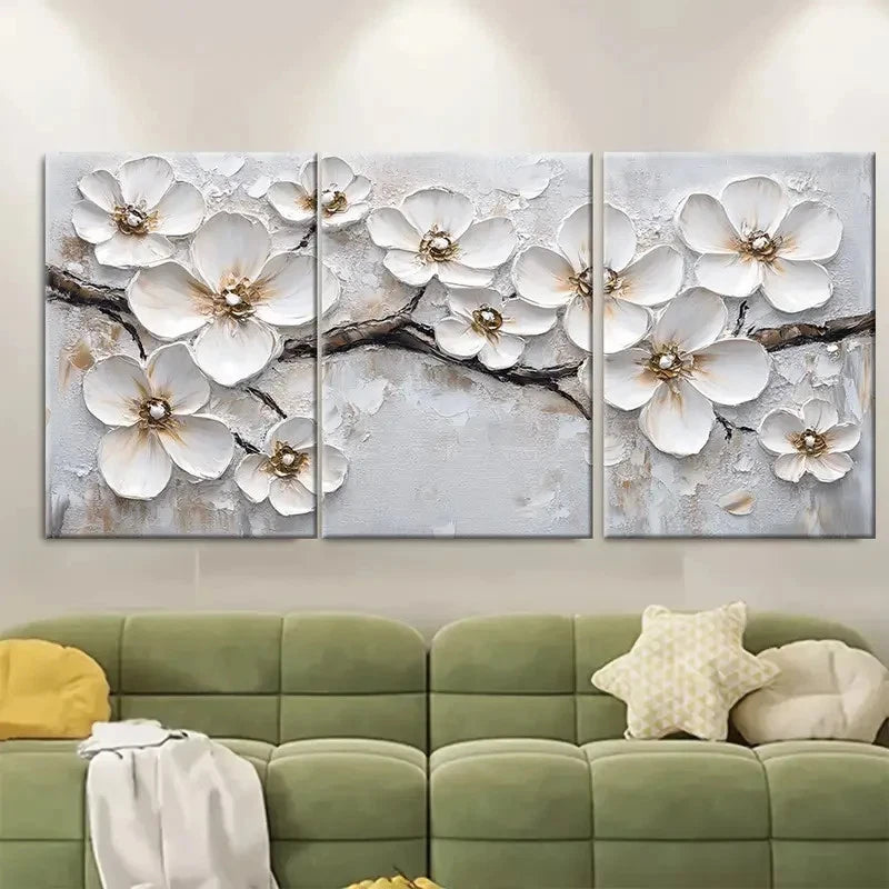 3pcs White Blossom Painting Flowers EI Wall Art Set Canvas Framed 40x60cm - High Quality Print 100% Australian Made Wall Canvas Ready to Hang