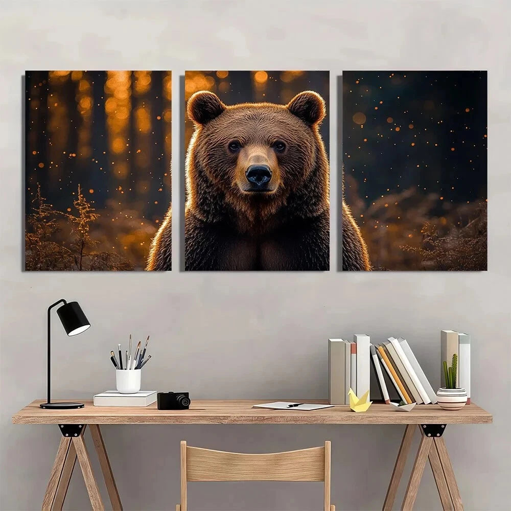 3pcs Rustic Forest Bear Wild Animal Autumnal Metal Print Ready to Hang Art
