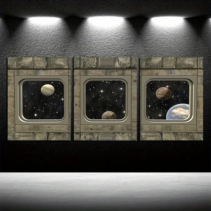 3pcs Dark Sci-fi Style Black Metal Starship Deck Metal Print Ready to Hang Art