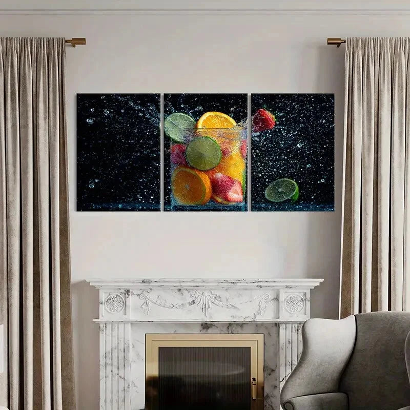 3pcs Vibrant Fruits Splash Artistic Photography Metal Print Ready to Hang Art
