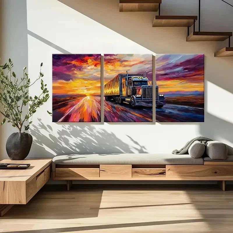 3pcs Retro Truck On Highway at Sunset Wall Art Set Canvas Framed 40x60cm - High Quality Print 100% Australian Made Wall Canvas Ready to Hang