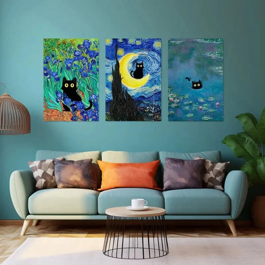 3pcs Black Cat in Famous Artwork Metal Print Ready to Hang Art