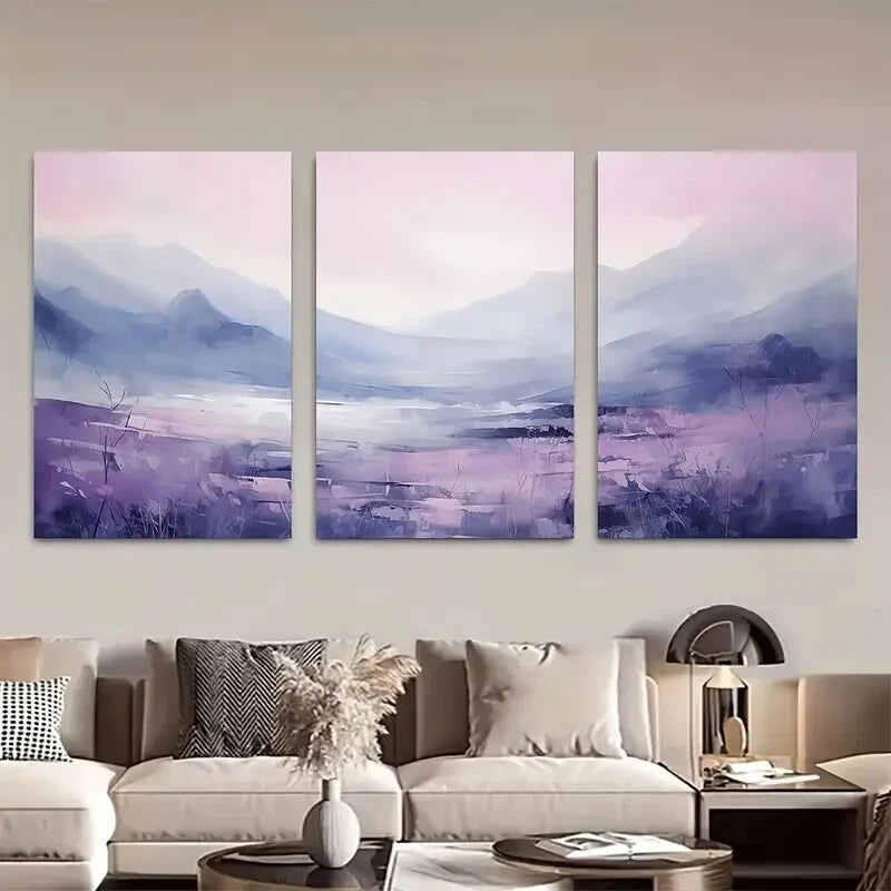3pcs Muted Pink, Purple & Blue Mountain Scenery Metal Print Ready to Hang Art
