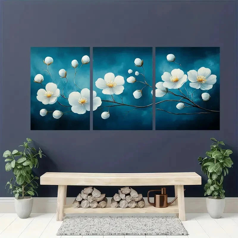 3pcs Elegant White Flower Dark Blue Background Metal Print Ready to Hang Art