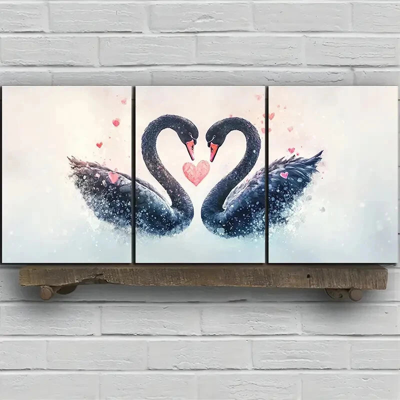 3pcs Black Swan Love Red Petals Metal Print Ready to Hang Art