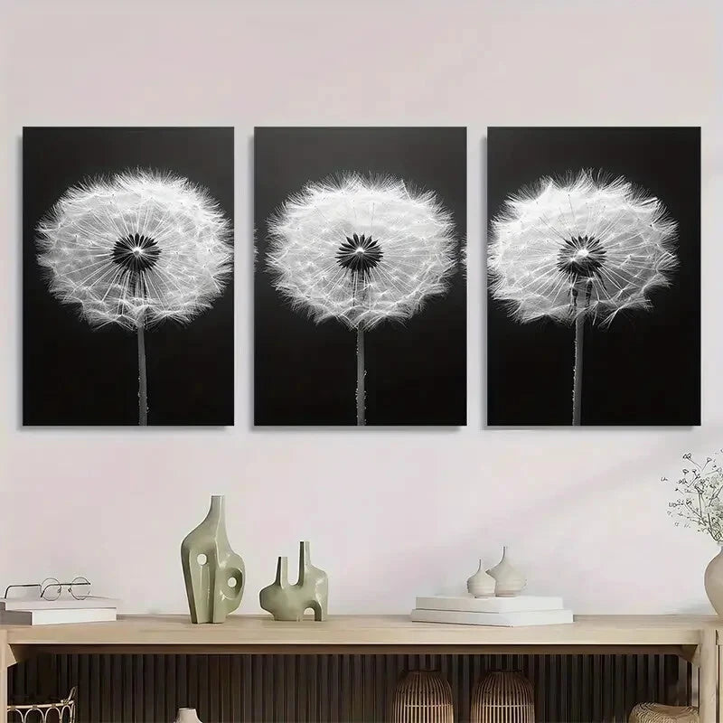 3pcs Black And White Dandelion Metal Print Ready to Hang Art