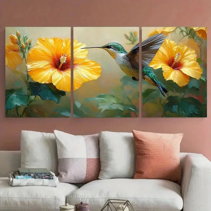 3pcs Vibrant Yellow Hibiscus Florals Hummingbird Metal Print Ready to Hang Art