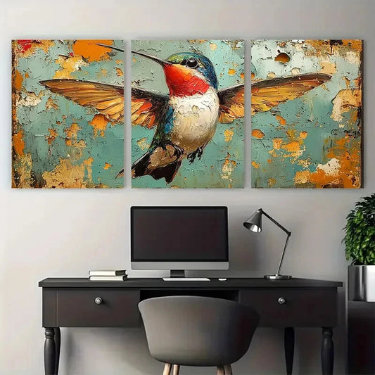3pcs Hummingbird Small Bird Impasto Design Metal Print Ready to Hang Art