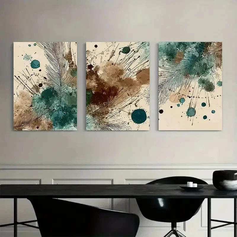 3pcs Brown and Teal Watercolor Splashes Metal Print Ready to Hang Art