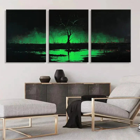 3pcs Mysterious Green Glow Tree Dark Perfect Wall Art Set Canvas Framed 40x60cm - High Quality Print 100% Australian Made Wall Canvas Ready to Hang