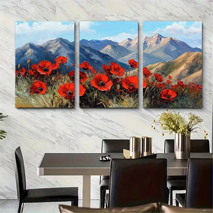 3pcs Mountain and Poppies Oil Painting Metal Print Ready to Hang Art