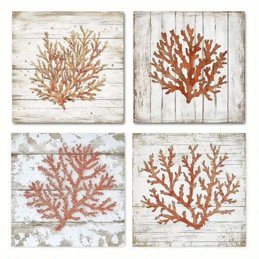 4pcs Orange Coral Beach Poster Wall Art Canvas Framed