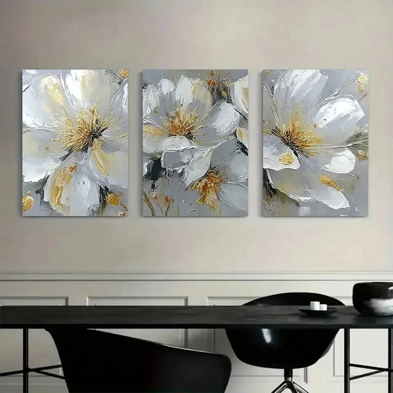 3pcs Elegant White Flowers with Golden Accents Metal Print Ready to Hang Art