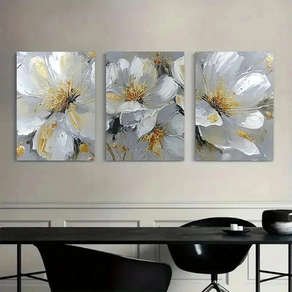 3pcs Elegant White Flowers with Golden Accents Metal Print Ready to Hang Art