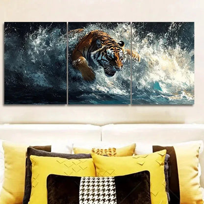 3pcs Tiger in Water Realistic Water Effects A Wall Art Set Canvas Framed 60x90cm - High Quality Print 100% Australian Made Wall Canvas Ready to Hang